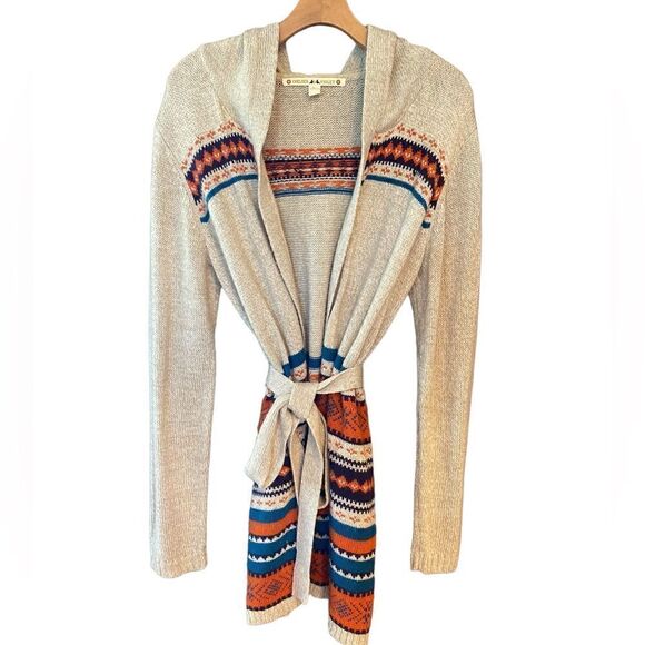 Chelsea & Violet L Beige Aztec Southwestern Knit Long Waist Tie Sweater Hoodie - Picture 1 of 8
